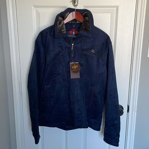 NWT Emporio & co navy suede leather jacket with faux fur collar